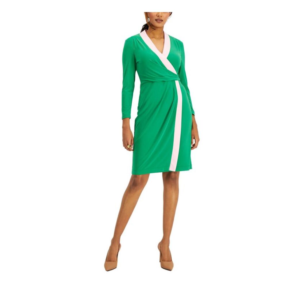 NWT KASPER DRESS Womens Green Lined Long Sleeve Above The Knee Faux Wrap Dress S